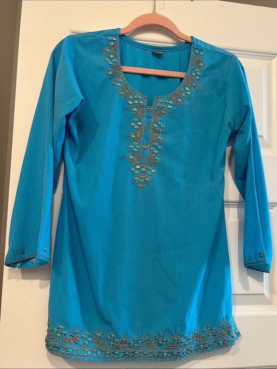 Boutique brand Tops - Embroidered Turquoise Tunic Top with Gold Accents